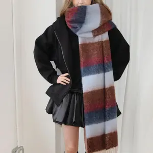 American Retro Thickened Stripes Colour Blocking Scarf Unisex Long Section Warm Wide Version Scarf Leisure Winter Shawl