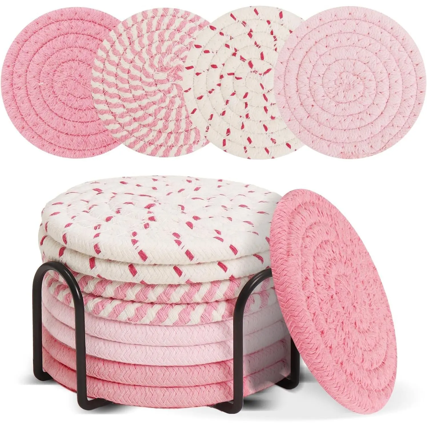 Pink Coasters Set of 8 with Holder,4 Color Cotton Rope Coaster for Drinks