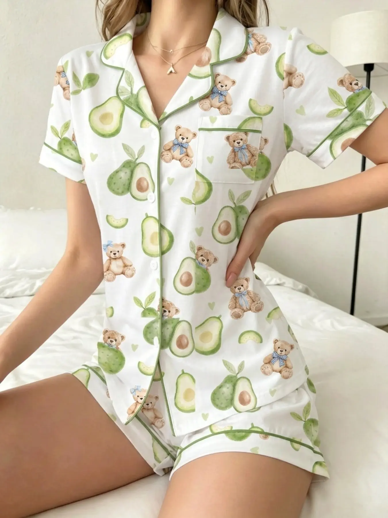 Women's Pajama Set, Avocado Teddy Bear Pattern, Comfortable Nightwear, Soft Fabric, Casual Loose-Fitting, Short Sleeve, Above Knee