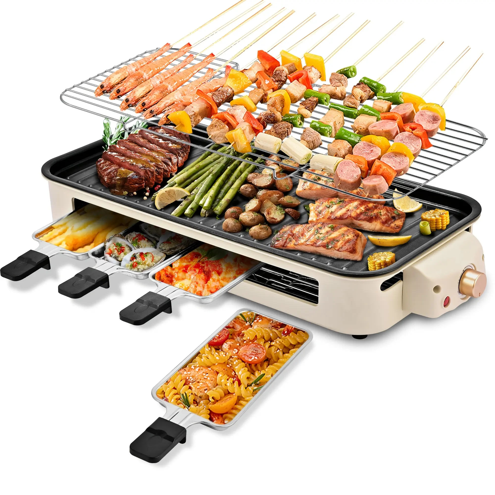 Indoor Grill, Electric Grill, Full Body Detachable, with Frying Pan And Grill Net, Four Hand Trays - Portable Barbecue Grill for Indoors, Temperature Adjustable, 1800W Smokeless Electric Grill, 120V American Plug, Ideal Gift for Christmas, Halloween
