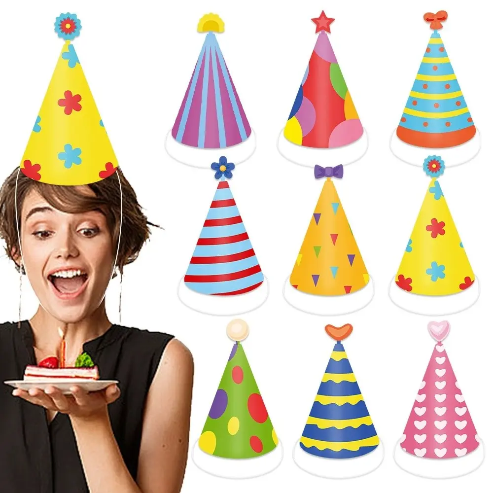 9pcs Birthday Party Hats with Adjustable Straps, Colorful Birthday Caps for Kids and Adults, Party Decorations and Photo Props