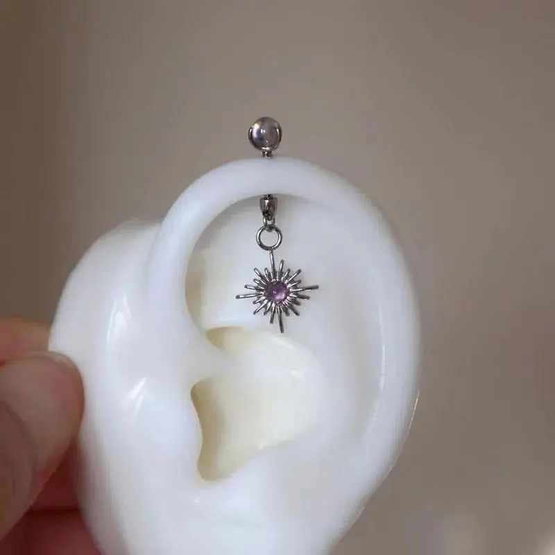 Stainless Steel Sun Pendant Ear Bone Nail for Women Punk Purple Crystal Round Beaded Piercing Earrings Y2K Jewelry Accessories