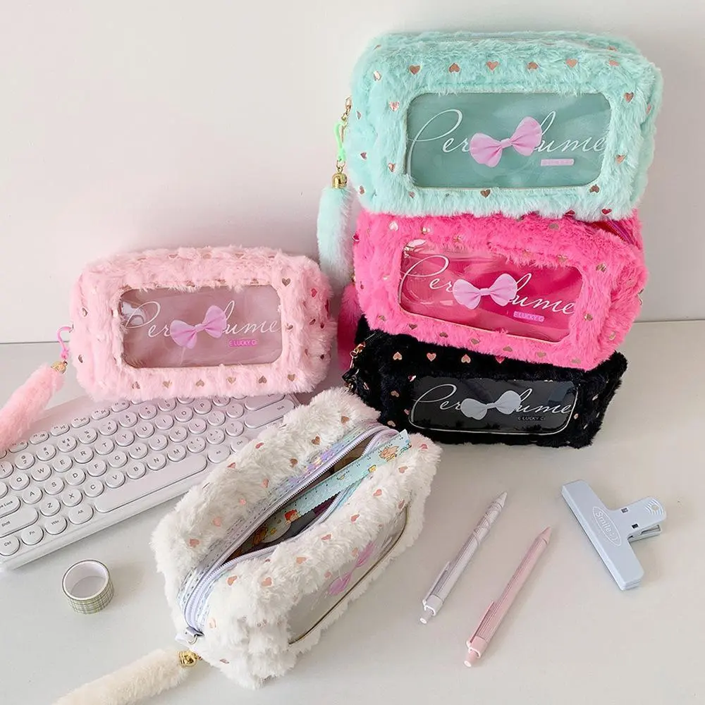 Kawaii Cute Bow Soft Plush Pencil Bag - Korean Aesthetic Large-Capacity Zippered Pouch with Multi-Compartment, Stationery Organizer, Art Supplies Holder, Lovely Make-Up Bag for Back-to-School, Travel, Kawaii Make-Up Bags