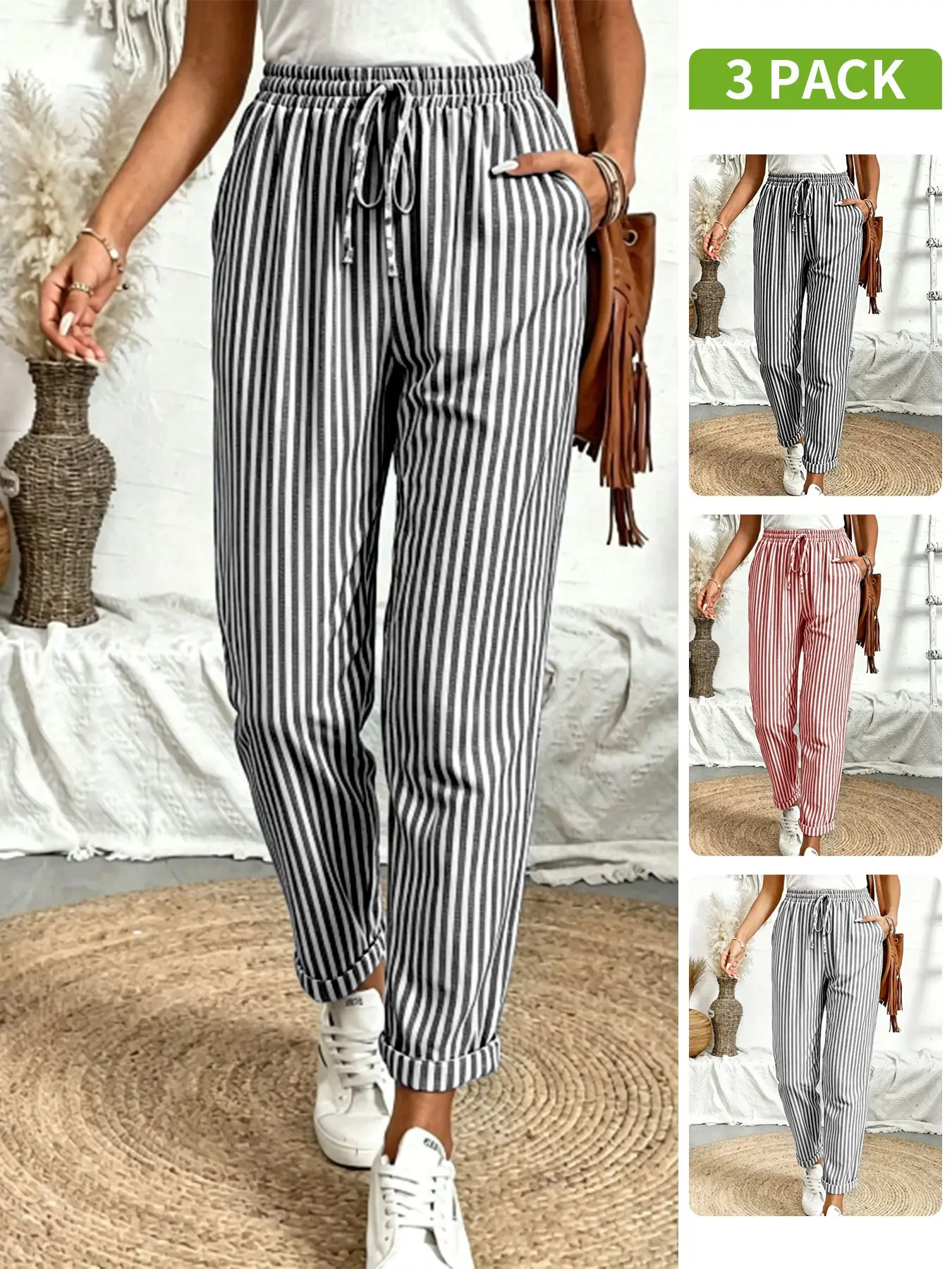 Women's Striped Short Running Pants, High Waist Drawstring Design, Side Pockets, Bell Ankle Hem, Breathable Lightweight Fabric