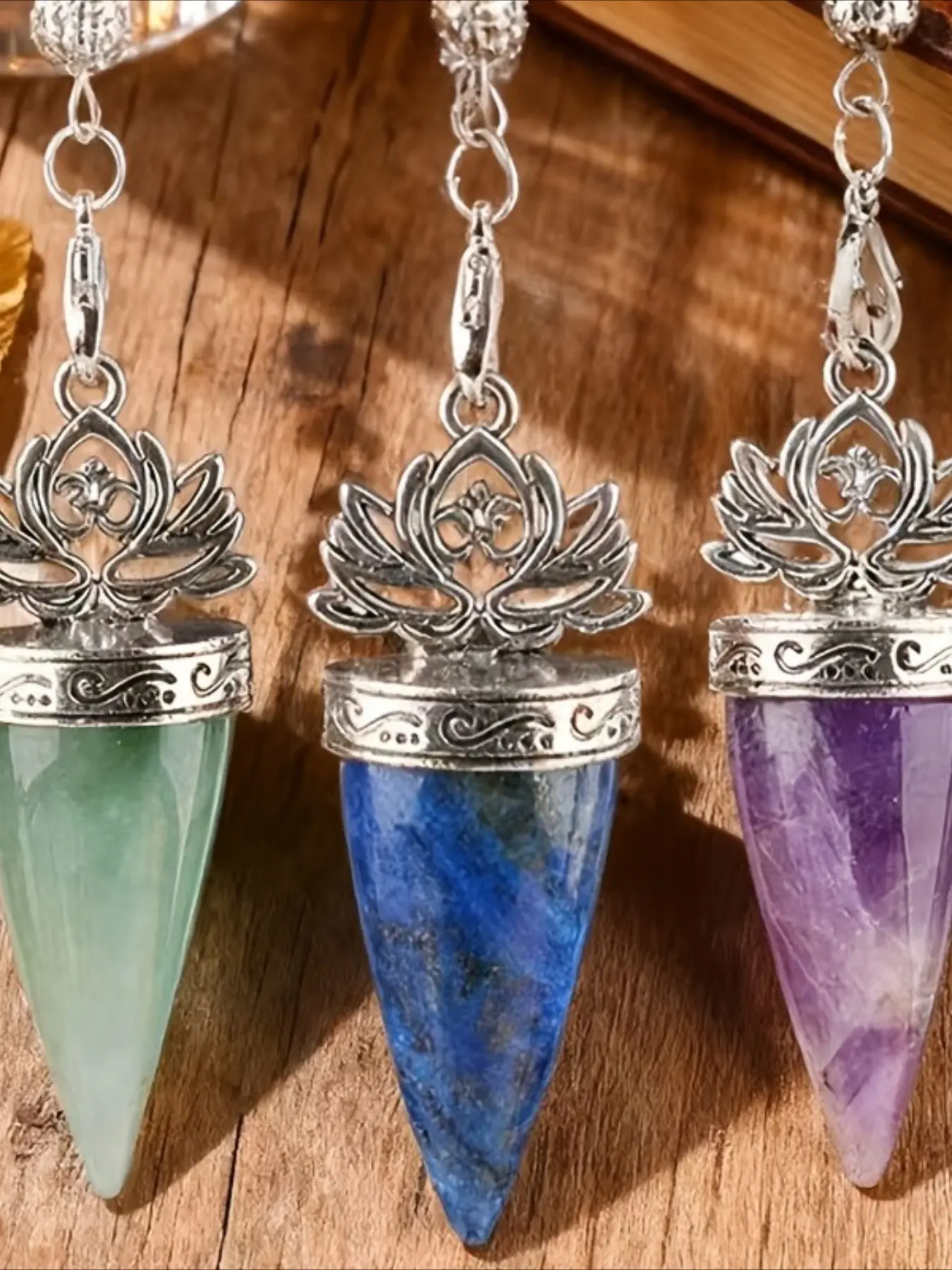3 PCS Crystal Cone Pendulums for Divination, Amethyst, Lapis Lazuli, Green Aventurine, Yoga & Meditation Gift, Silver Lotus Christmas Present Necklaces