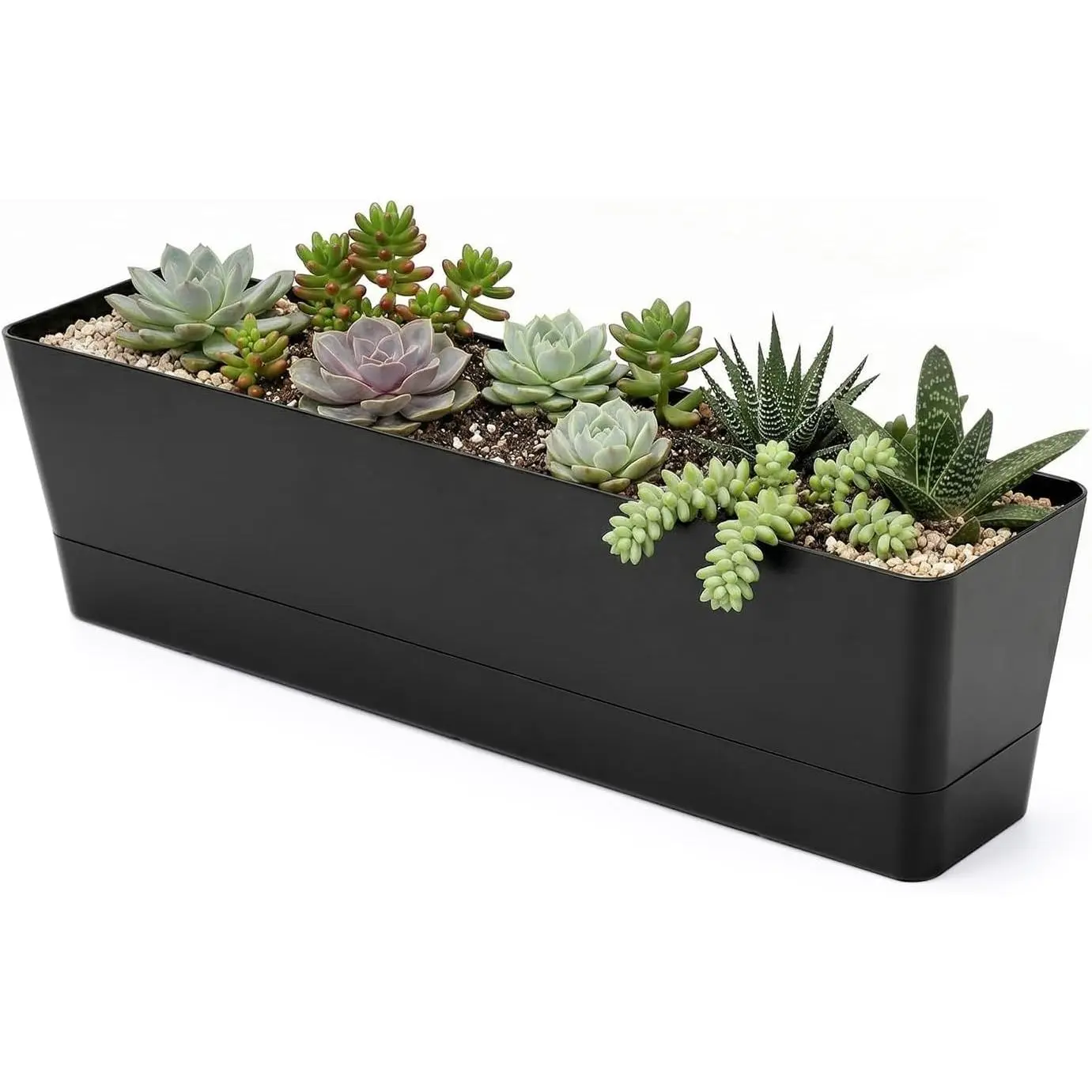16x3.8 Inch  Window Boxes 1 count, Black Planter with Removable Trays and Drainage Holes, Succulent Flower Rectangular Plastic Pot for Balcony, Office, Windowsill, Garden, Indoor Outdoor Use