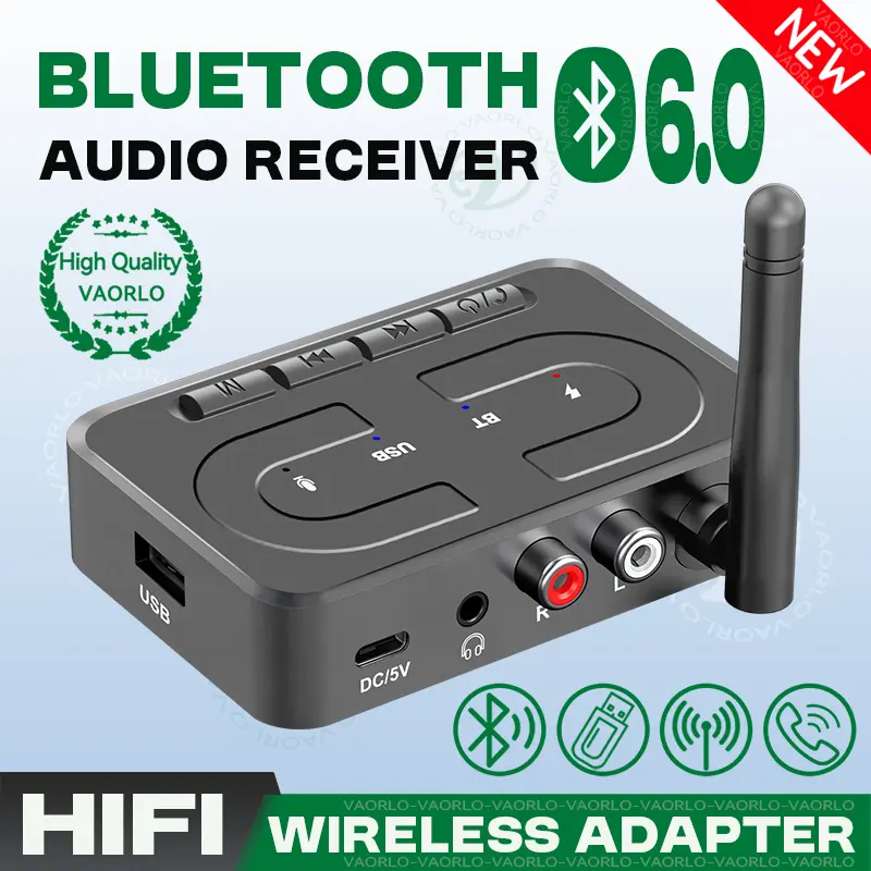 Bluetooth 6.0 HIFI Stereo Wireless Adapter, 3.5mm AUX/RCA Ports, Plug-and-Play, USB/SD & Mic Support, USB U-Disk Compatible Receiver for Car Speaker Amp