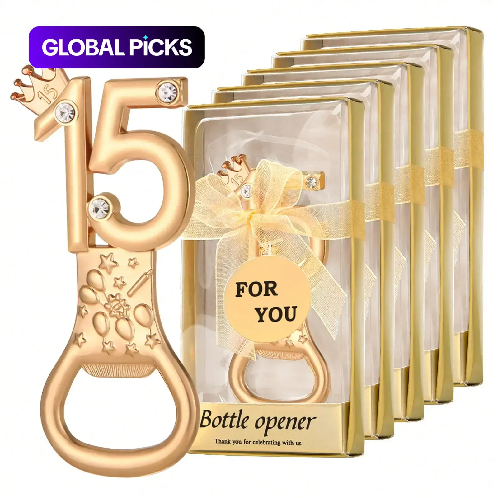 Quinceanera Gifts for Guests, 15th Birthday Decorative Bottle Cap Opener Party Favor, Crown Design, Includes Gift Box #GLOBAL PICKS