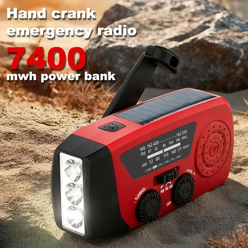 Solar Power & Hand crank 2000mAh Emergency Radio LED Flashlight with USB Charge, FM AM WB Weather Alert, Power Bank, Portable for Camping Survival Outdoor Gear, Lightweight Gift for Holiday Sale