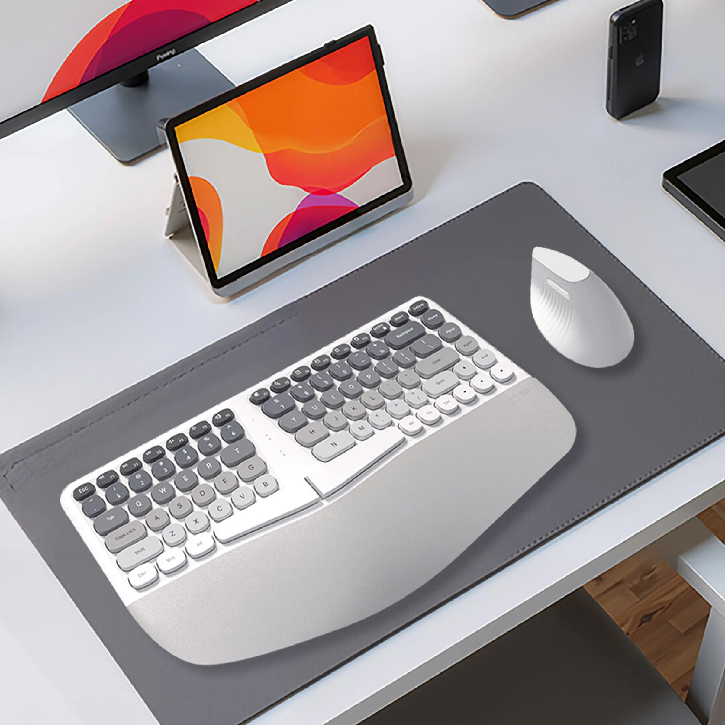 MOFii BOMI Gray‑White Ergonomic Wireless Keyboard and Mouse Combo, Split Curved Keyboard with Leather Wrist Rest, Vertical Wrist‑Relief Mouse for Office, Works for Laptop & Desktop PC