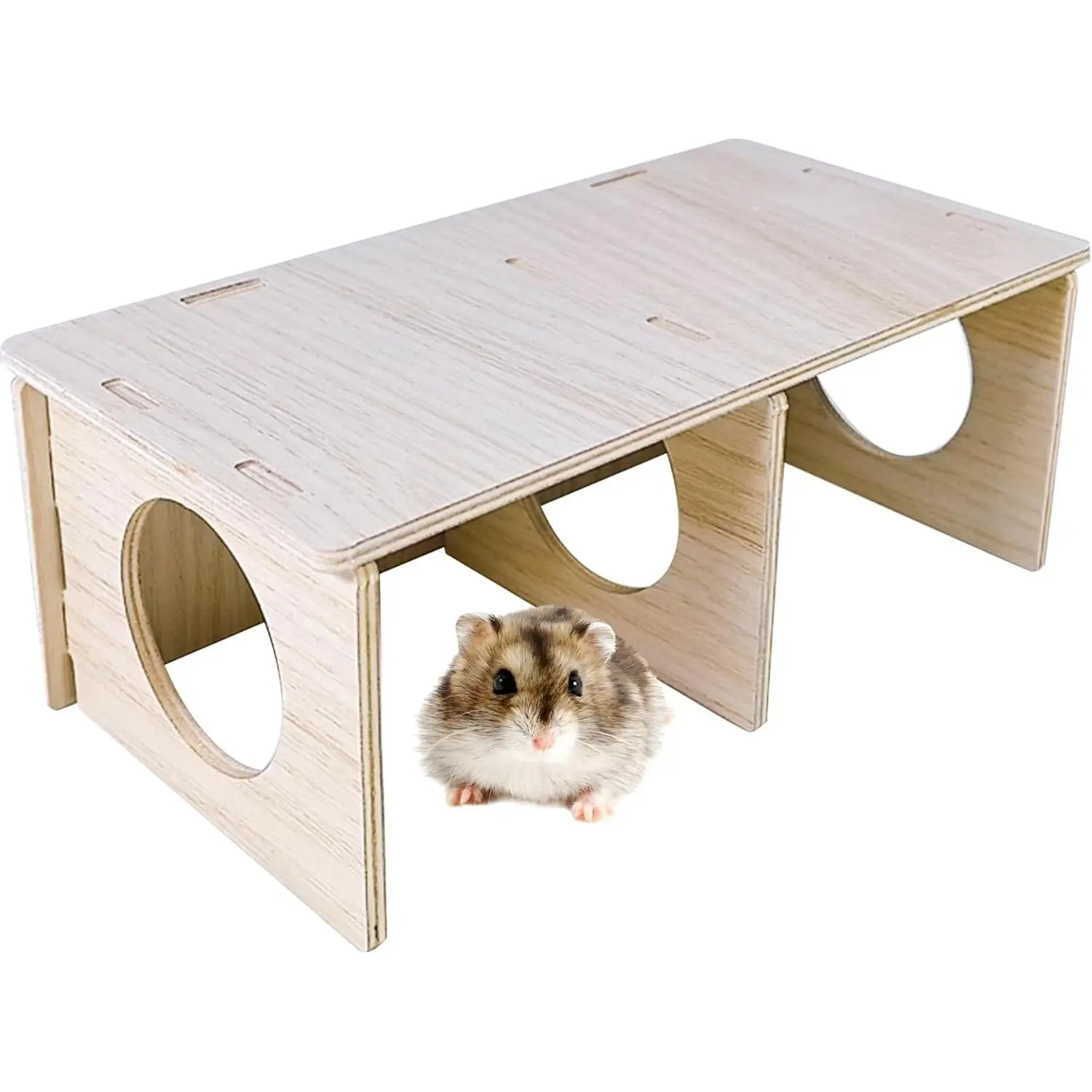 Wooden 2-Chamber Hamster Hideout Tunnel Multi Chamber Exploring Hiding Maze Toy Platform Cage Accessories for Gerbil Rat Mice