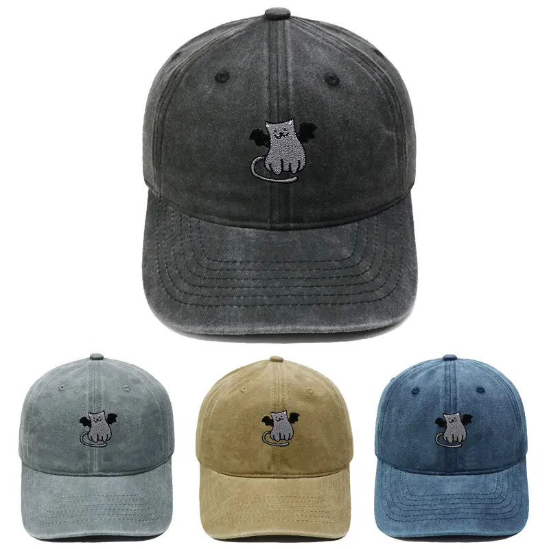 Y2K Viral Washed Cotton Baseball Cap Alt Gothic Bat Cat Embroidered Dad Hat Unisex Retro Adjustable Sun Hat Grunge Streetwear Aesthetic