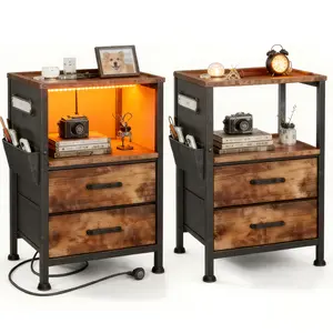Mr IRONSTONE Night Stand Set 2, Night Stand with Charging Station, LED Nightstand with U-S-B Ports and Outlets, 2 Fabric Storage Drawers with PU Finish, Small Bedside Table, Rustic