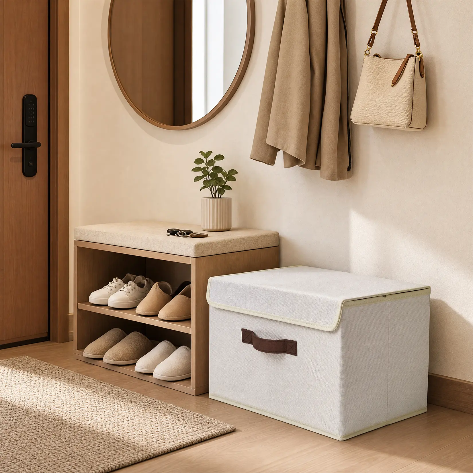 Collapsible Fabric Storage Bins with Lids & Handles 14.96" x 9.84" x 9.84" – Non-Woven Closet Organizer Baskets for Clothes & Toys – Stackable, Sturdy Cardboard – Practical Home Closet Storage – 4 Pack – Beige