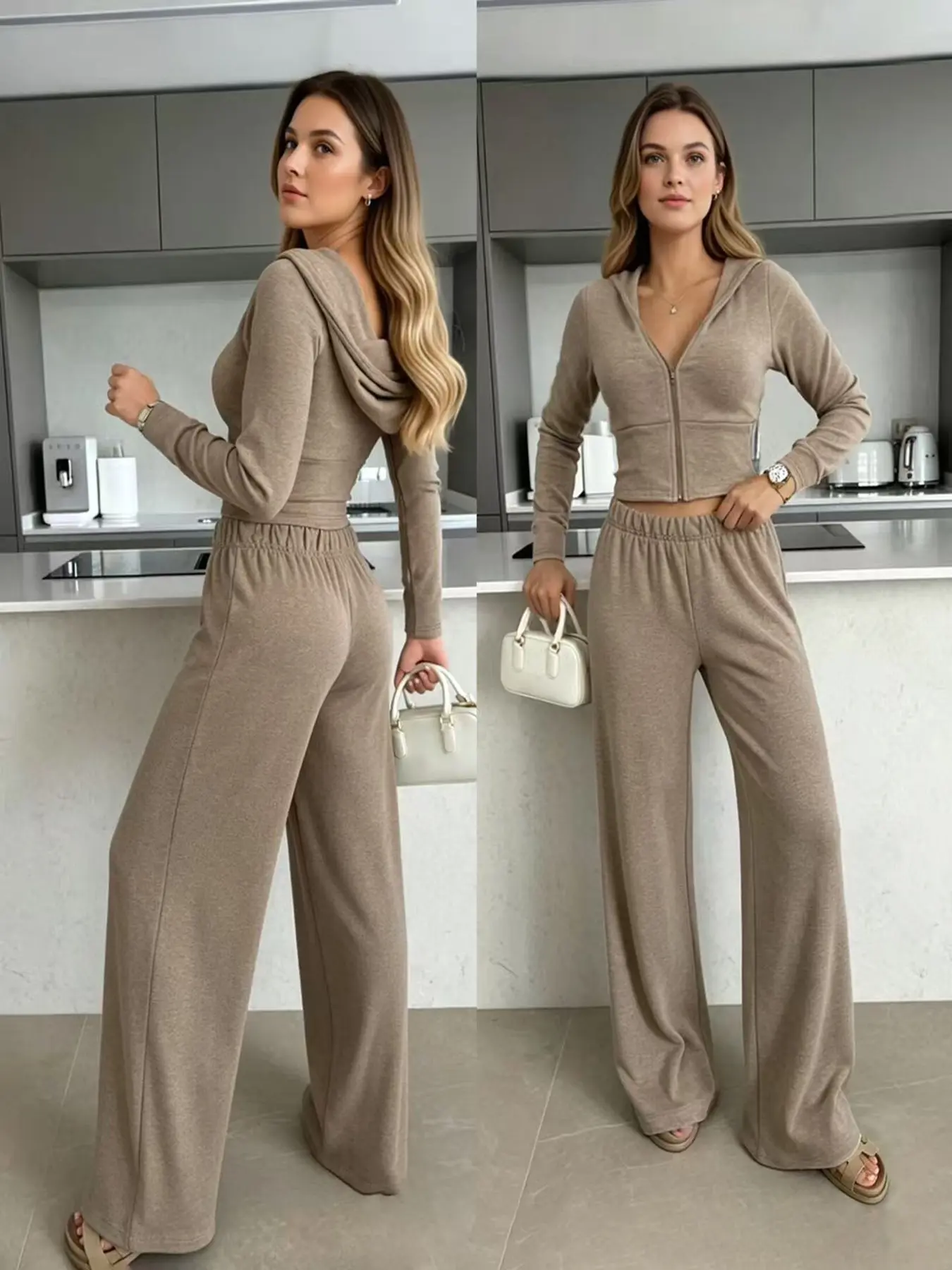 Women's Fashion Two-Piece Set, Casual Zip-Up Hooded Jacket + Loose Long Pants, Soft Comfortable Material, Perfect for Home and Coffee Shops