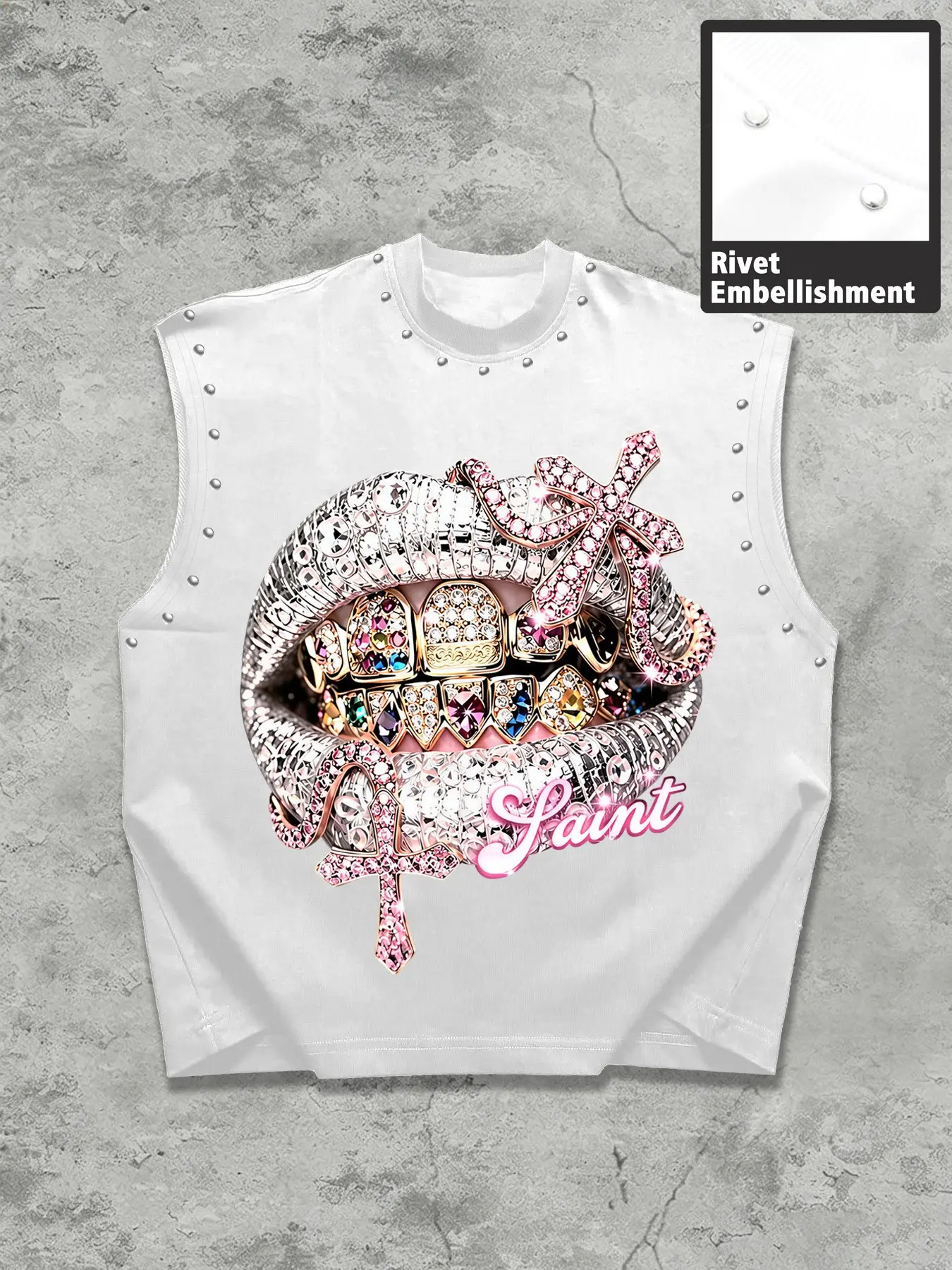 Summer Unisex Casual Vest, Diamond Cross Lip Print, Asymmetrical Design, Loose Fit Sleeveless Top, Streetwear, Comfortable, Sleeveless Vest Tops