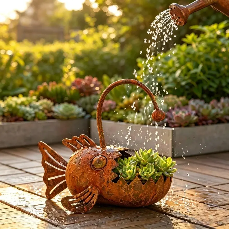Iron Art Lantern Fish-Shaped Flower Pot, Rusty Distressed Finish, Indoor/outdoor Decor, Succulent Planter, Outdoor Metal Planter, Garden Ornament