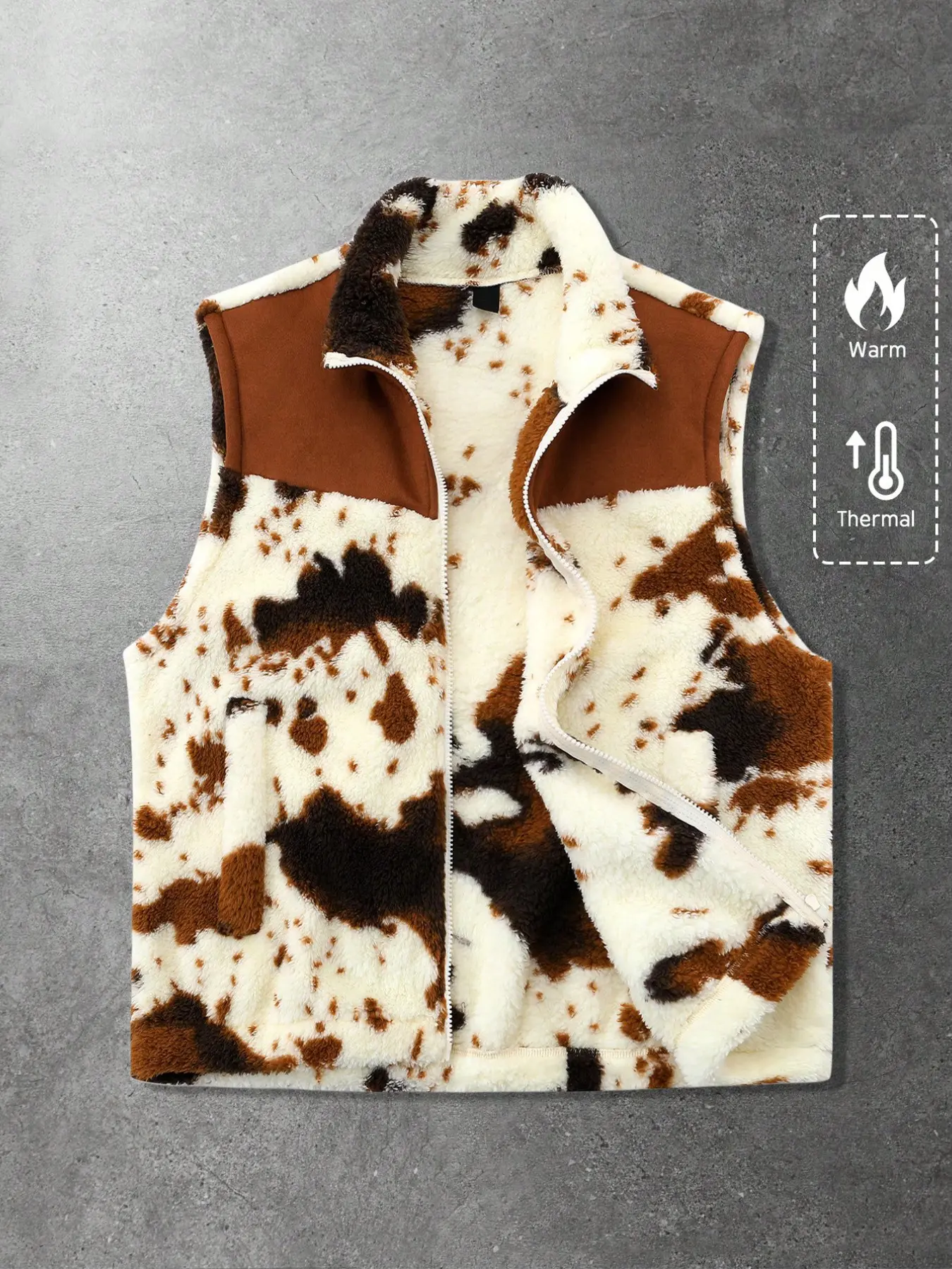 This men's streetwear fleece vest features a cow print and patchwork design, creating a casual streetwear style that's perfect for fall and winter.