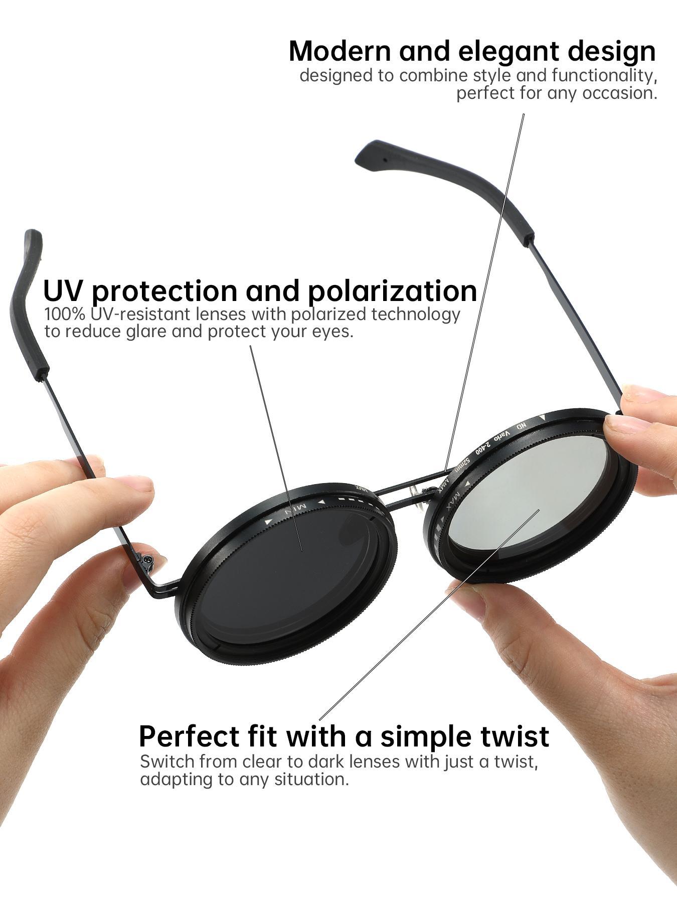 One-mirror with Multiple Uses, Manual Dimming Sunglasses, Adjustable Tint Polarized Round Sunglasses, UV Protection Eyewear for Men, Trendy Casual Sunglasses, High Quality