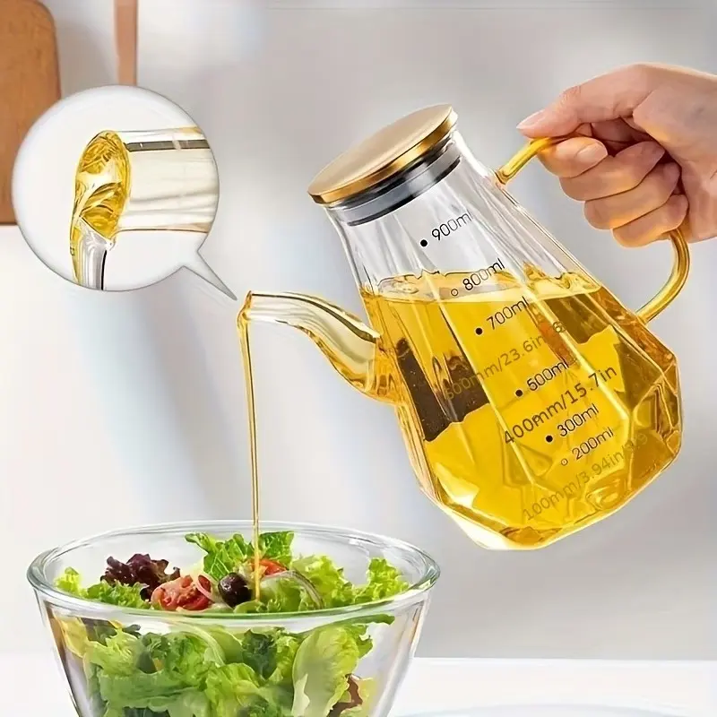 Diamond Shaped High Borosilicate Glass Oil Dispenser, Food Grade Lead & BPA Free Leak-Proof Cooking Oil Bottle, Heat Resistant Dishwasher Safe Wide Mouth Container for Olive Oil Vinegar Soy Sauce, Ideal for Home Kitchen Baking Frying Seasoning Storage