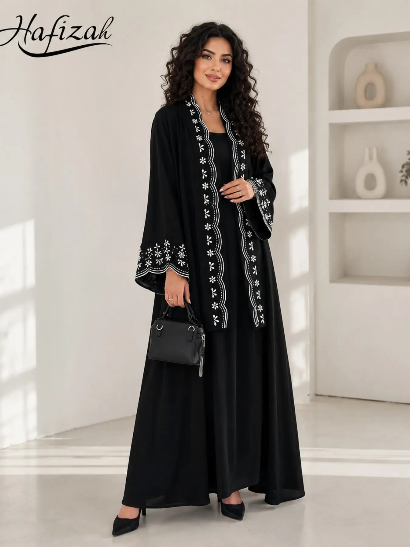 Women's Embroidered Open Front Robe Set, Floral Trim Long Sleeve Elegant Muslim Kaftan, Ideal for Eid and Ramadan