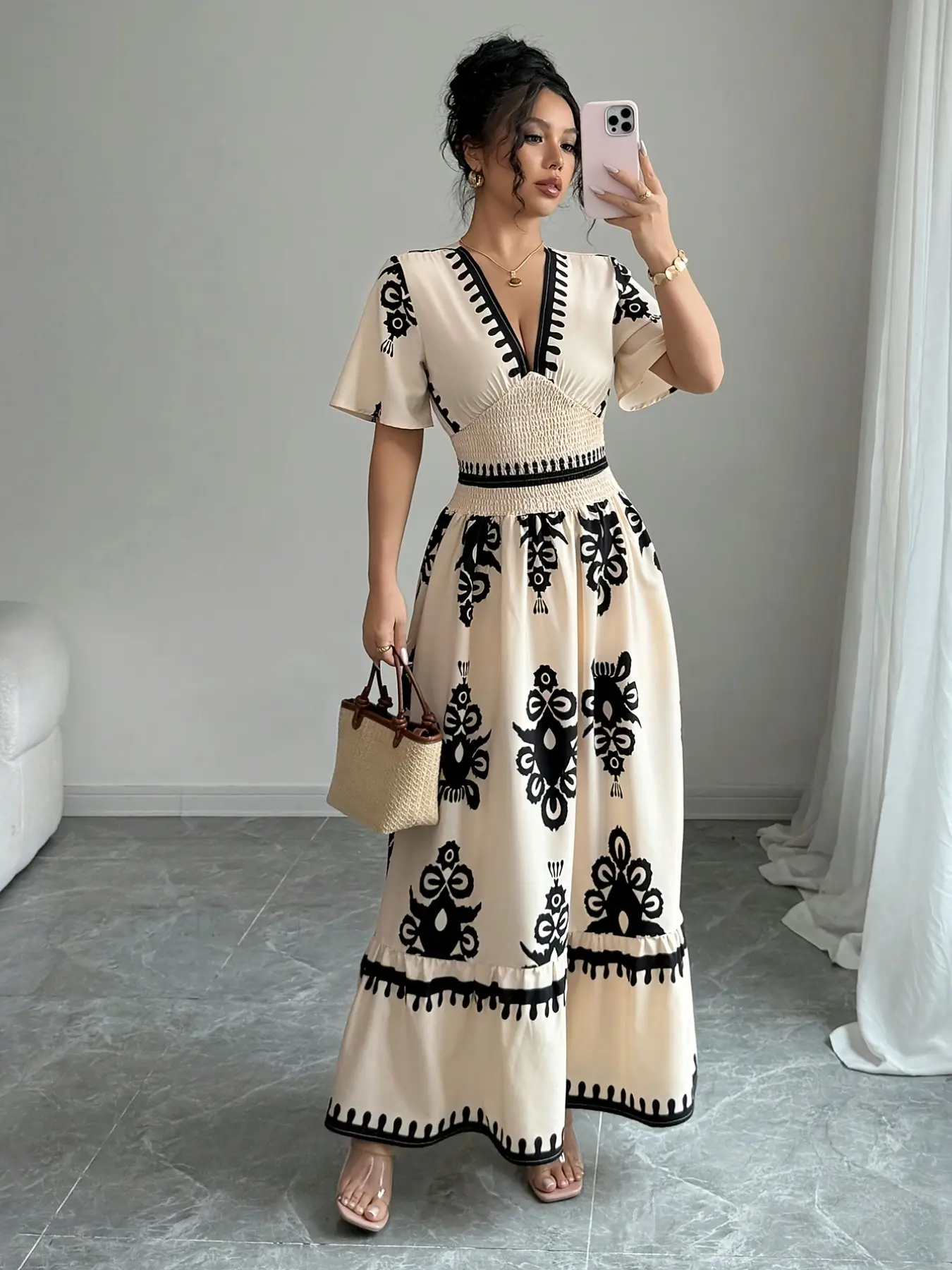 Women's Geometric Printed V-Neck Maxi Dress – Bohemian Casual Chic Elegant A-Line Style, Perfect for Summer Beach Vacations; Features a Smocked Waist for a Slimming, Flattering Fit.