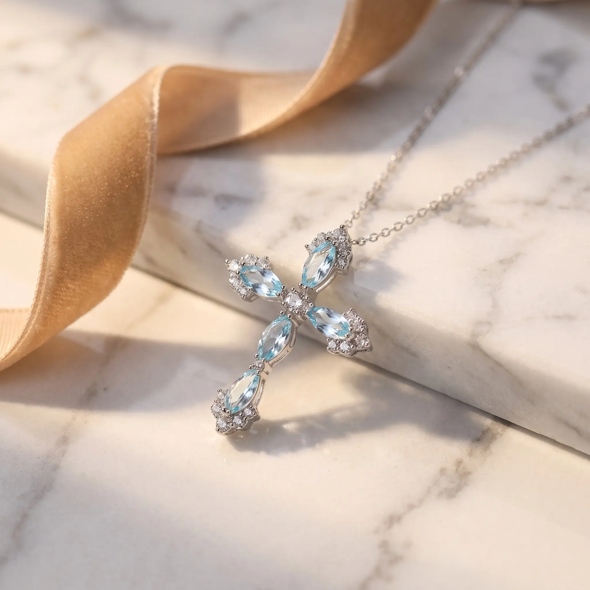 Sterling Silver Cross Pendant Necklace with Marquise Gemstone for Adults, Lightweight 2.8g Unisex Jewelry, Adjustable 41-50cm Chain for Layering, Daily