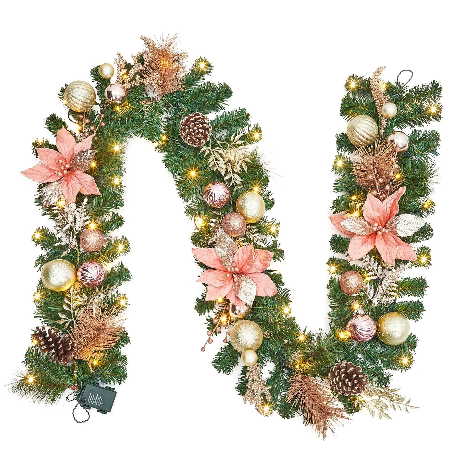 Garvee Prelit Christmas Garland for Mantle, 9 Ft Battery Operated Xmas Garland with 40 LED Lights Ball Ornaments Poinsettias for Fireplace Front Door Stairs Railing Indoor Outdoor Decor