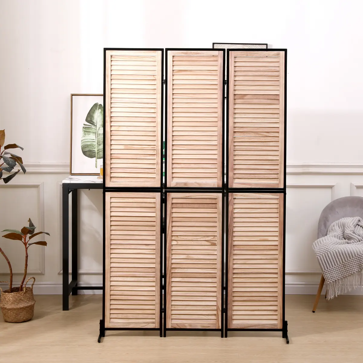 Rustic Louver Room Divider - 3-Panel 43.7x70.87in Freestanding Paulownia Wood Privacy Panel Room Dividers with Thick Powder-Coated Metal Frame, Upgraded Stable Hinges for Bedroom, Office, Freestanding Partition Screen