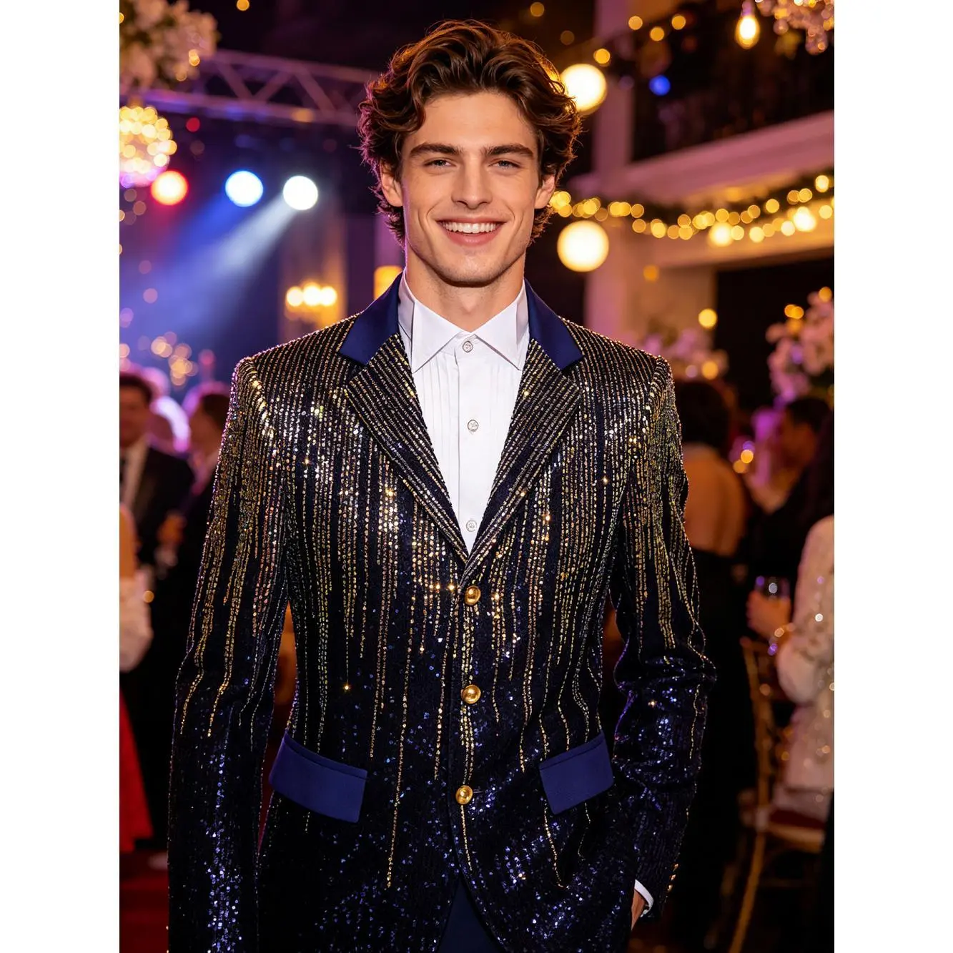 Menswear 2-Piece Sequin Outfits, Slim Fit Navy Gradient Blazer with Satin Lapels & Pockets, Matching Black Pants for Birthday & Prom, Buttons, Sequin Coverage, Suit