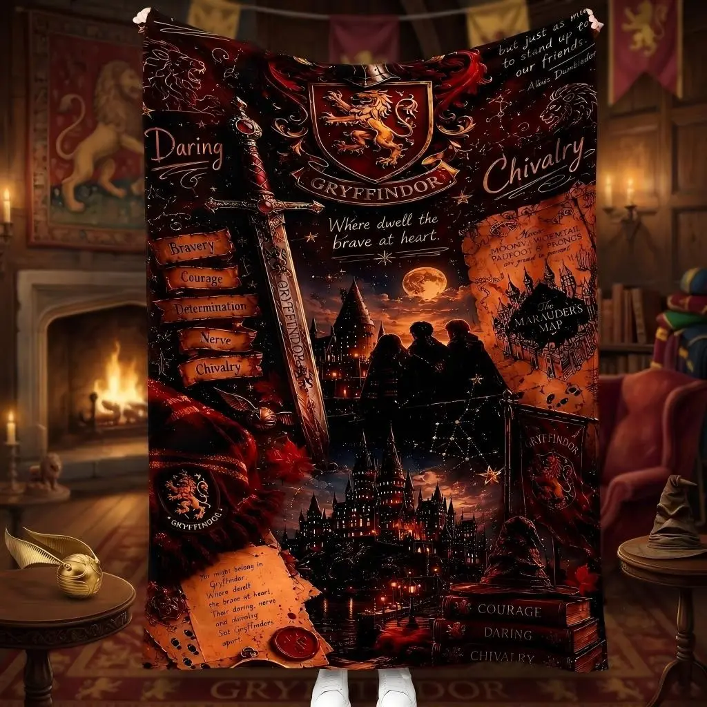 Wizard House Crest Throw Blanket, Magical Castle, Sword & Academy Quotes, Cozy Dark Fantasy Blanket for Couch, Bed, Living Room Decor, Blankets for Sofa, Cozy Flannel Throw