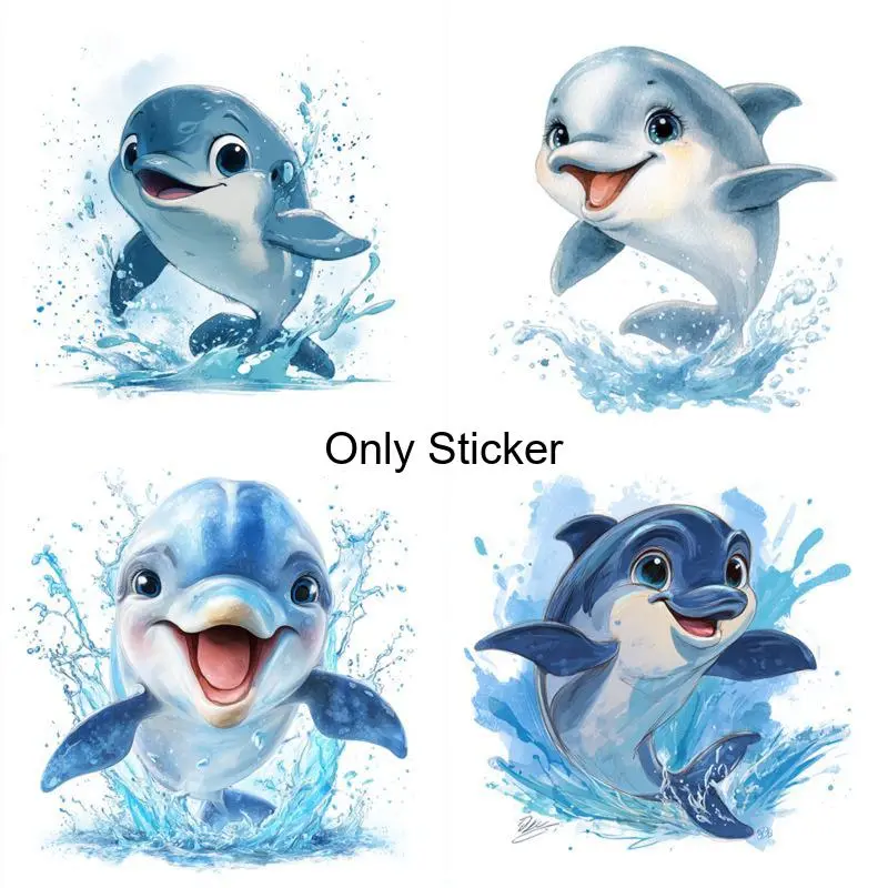 2D Flat 4‑in‑1 Dolphin Sticker Roll – Scratch‑Resistant Vinyl Decals, Ocean‑Themed Swimming Dolphin Patterns with Dolphin Motifs, for Motorcycles and Laptops – Removable Multi‑Surface Stickers, 2D Flat Design