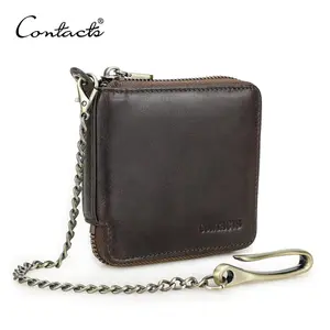 Men's Genuine Leather Mini Bifold Wallet with Anti-Theft Metal Chain, Zipper Coin Purse, and Money Clip Card Holder, Mini Clip Men's Wallets