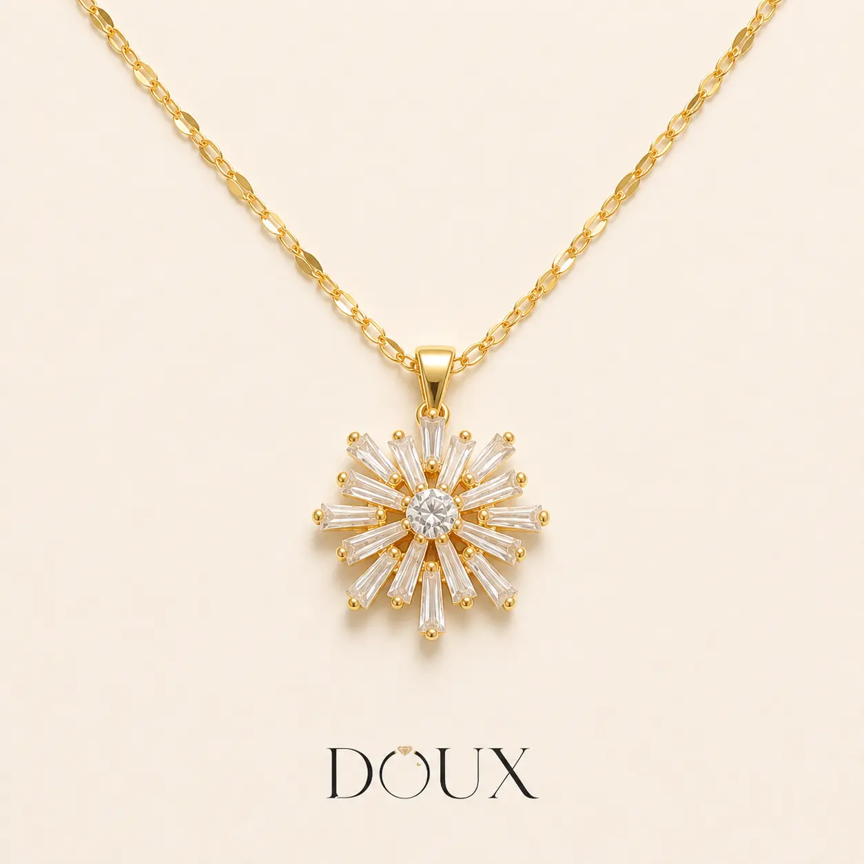 DOUX Women's Sparkling Crystal Starburst Pendant Necklace - Gold-Tone Baguette Sunburst Costume Jewelry