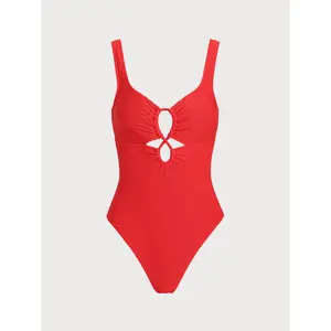 Red Hollow One-Piece Swimsuit Piece Swimsuit Removable Chest Pad Push Up Support Sexy Curve Design Light Portable Female Holiday Resort Bathing Wear