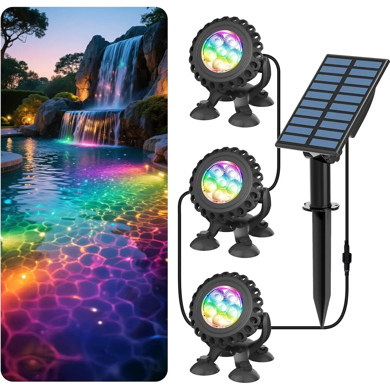 Solar Pond Lights, 3-in-1 RGB Underwater Submersible Light, IP68 Waterproof Sustainable for Pond Garden Patio Fountain Pool Waterfall Decoration