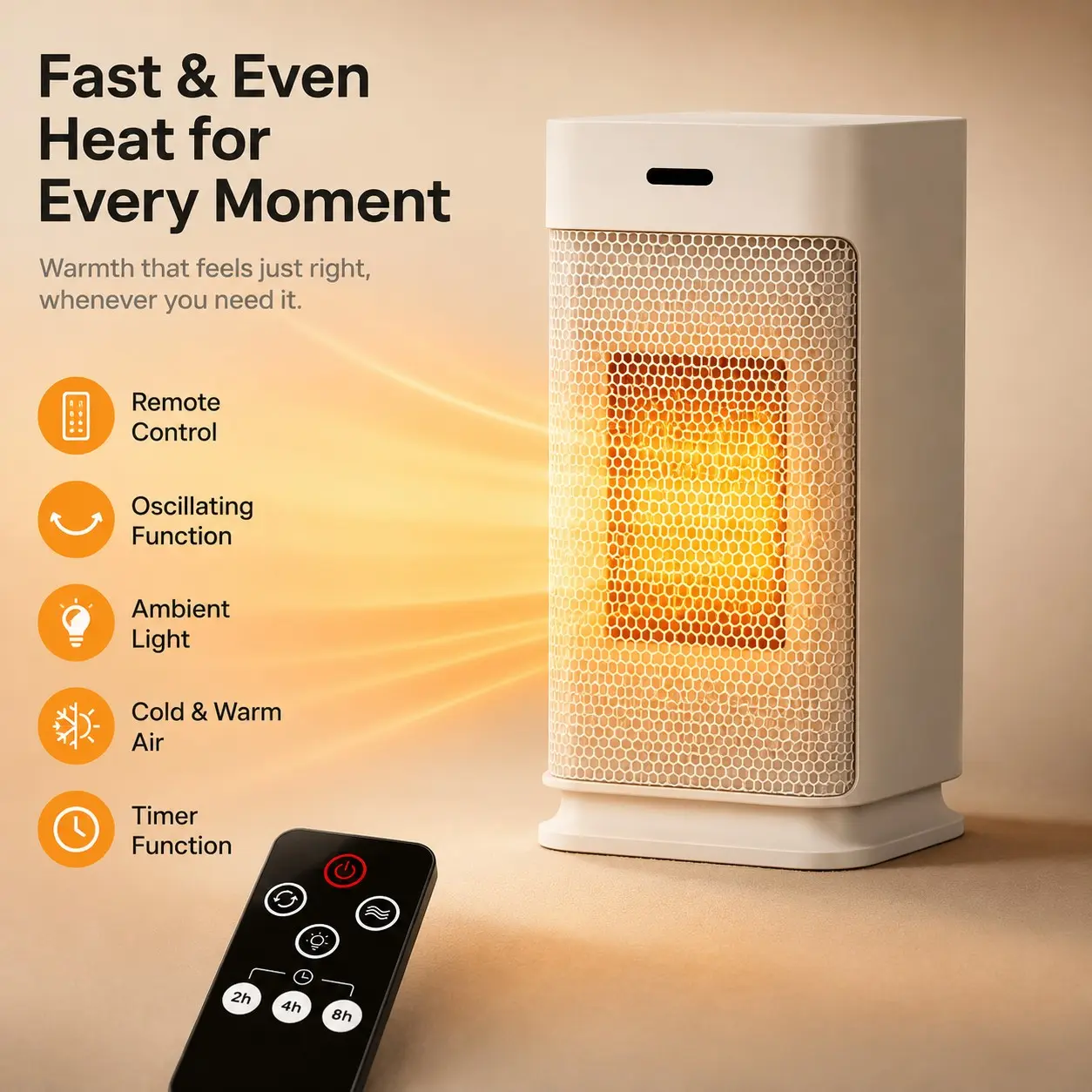 Compact Space Heater with Remote Control, Swivel Air Flow, Ambient Light, Dual Heat Modes, Timer Function, Ideal for Bedroom & Office