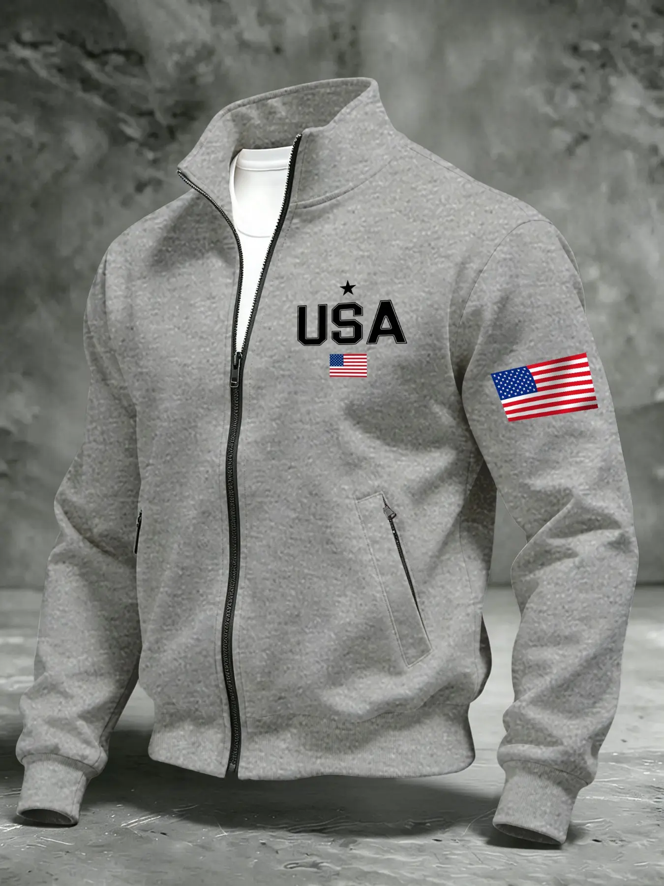 Men's Stand Collar Zipper Open Front Jacket, Loose Fit Long Sleeve Sweatshirt, Casual Letter Pattern, Breathable Knit Fabric, Retro Style