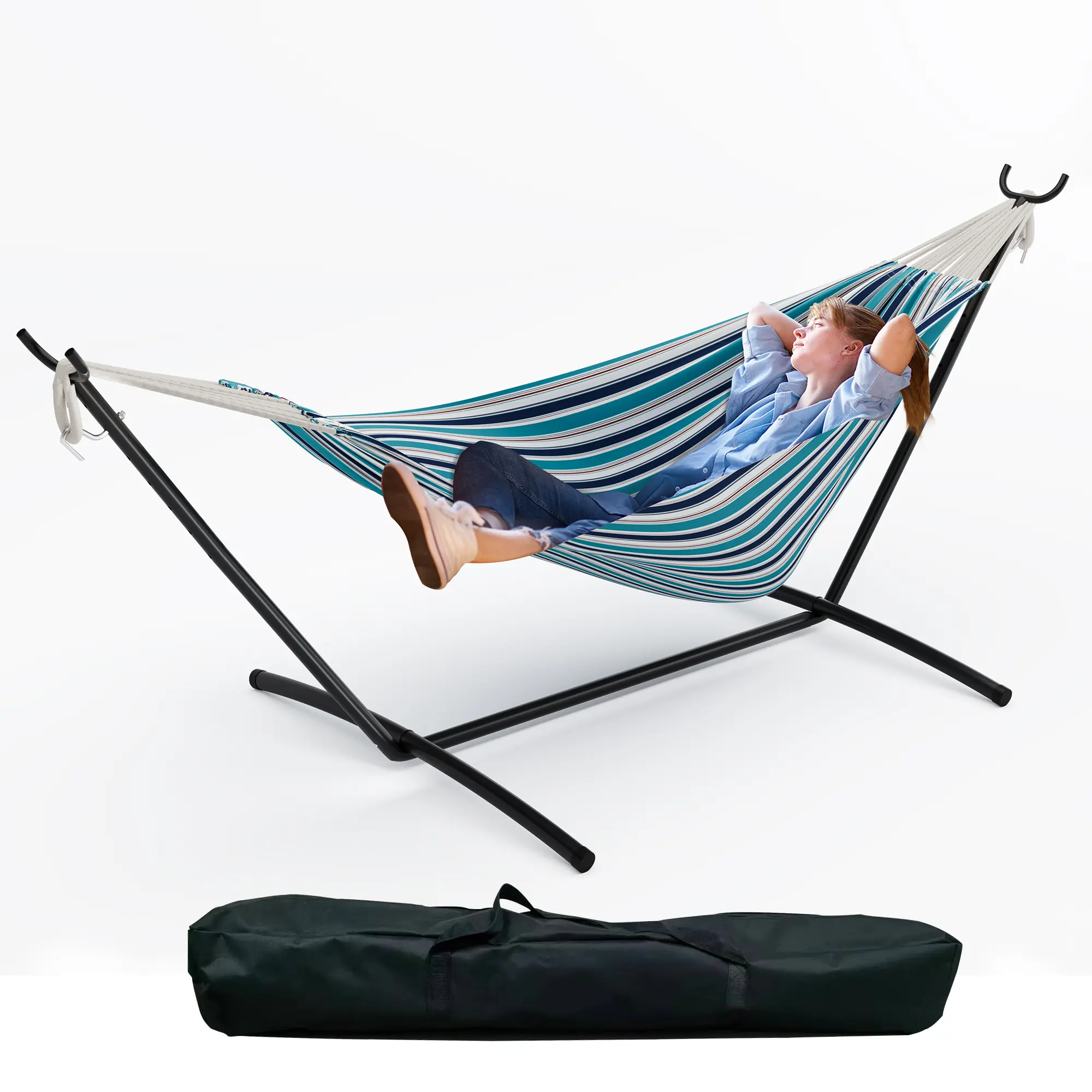Heavy-Duty Double Hammock with Stand – 450lbs Capacity – Sturdy Steel Frame & Thick Rope – Adjustable Outdoor Swing Chair for Backyard, Camping, Porch, Garden