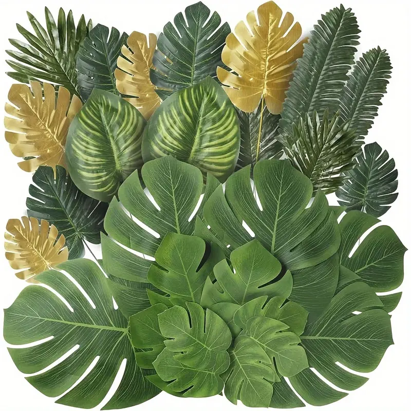 30pcs Artificial Turtle Back Leaf Set, Artificial Leaves, Hawaiian Theme Party Decorations, Wedding Birthday Indoor Outdoor Activities, Home Desktop Wall Decoration