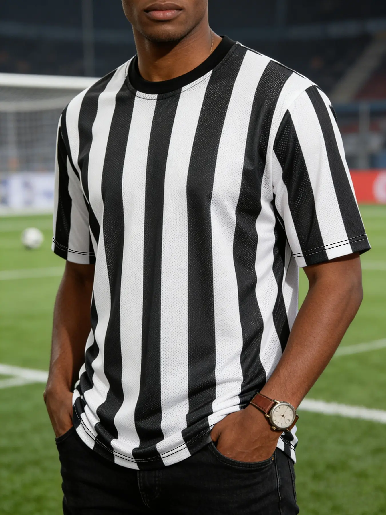 Men's Striped Referee T-Shirt, Short Sleeve Mesh Umpire Uniform, Ideal for Sports Work Events, Comfortable and Durable Design