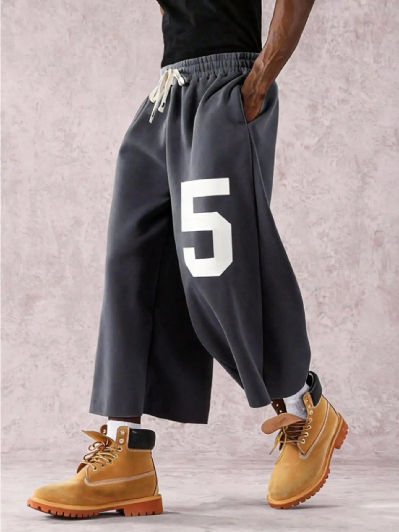 American Style Number 5 Print Seven-Eighths Wide Leg Sweatpants, Loose Fit Drawstring Straight Leg Gym Shorts, Trendy Retro Fashion, Athletic Bottoms, Gym Workout Sportswear, Casual Comfy Sporty
