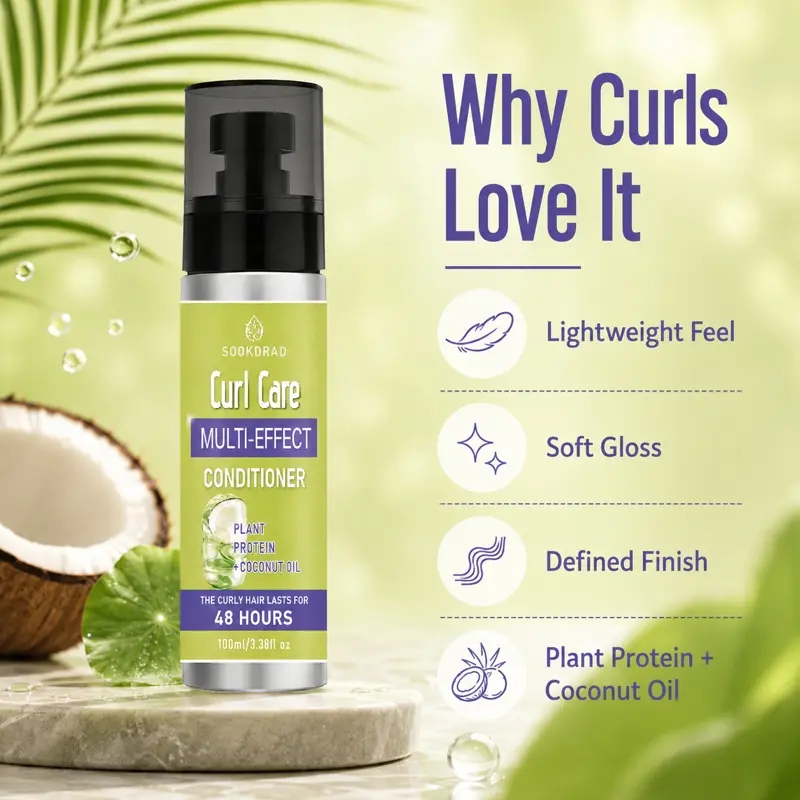 Multi-effect conditioner, plant protein, coconut oil, curl care, maintain curly hair for 48 hours, for curly hair, 3.38fl.oz, 100ml