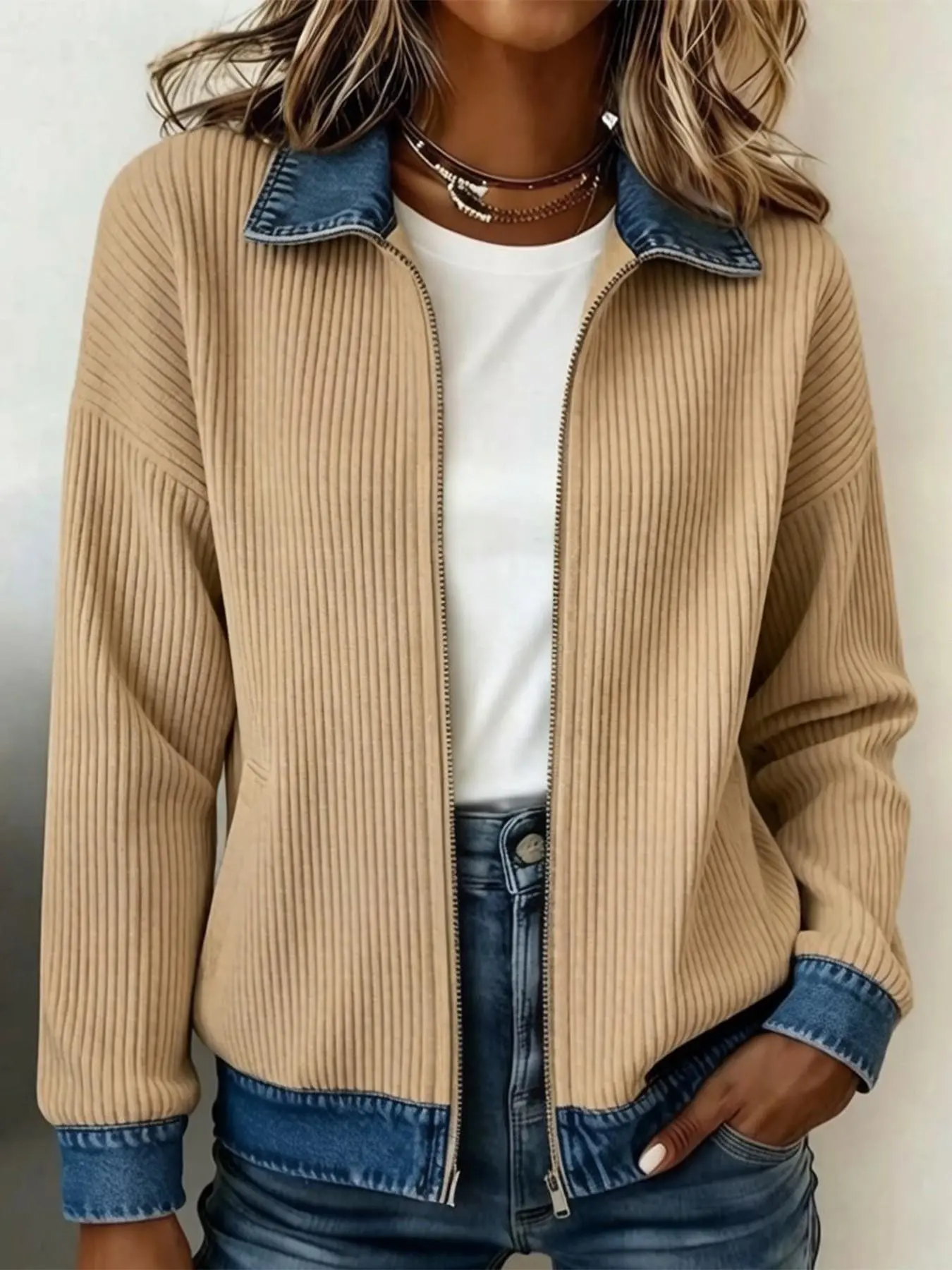 Vintage Colorblock Denim Patchwork Lapel Zipper Jacket, Loose-Fit Drop Shoulder Large Pocket Design, Casual Daily Commute Outerwear Top, Collared