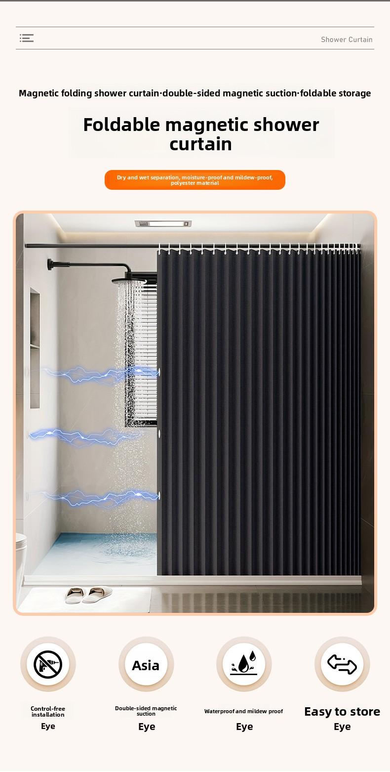 Foldable Magnetic Shower Curtain, Waterproof, Mold-Proof, No Drilling Required, Thickened, Light-Blocking, Partitioning Shower Curtain