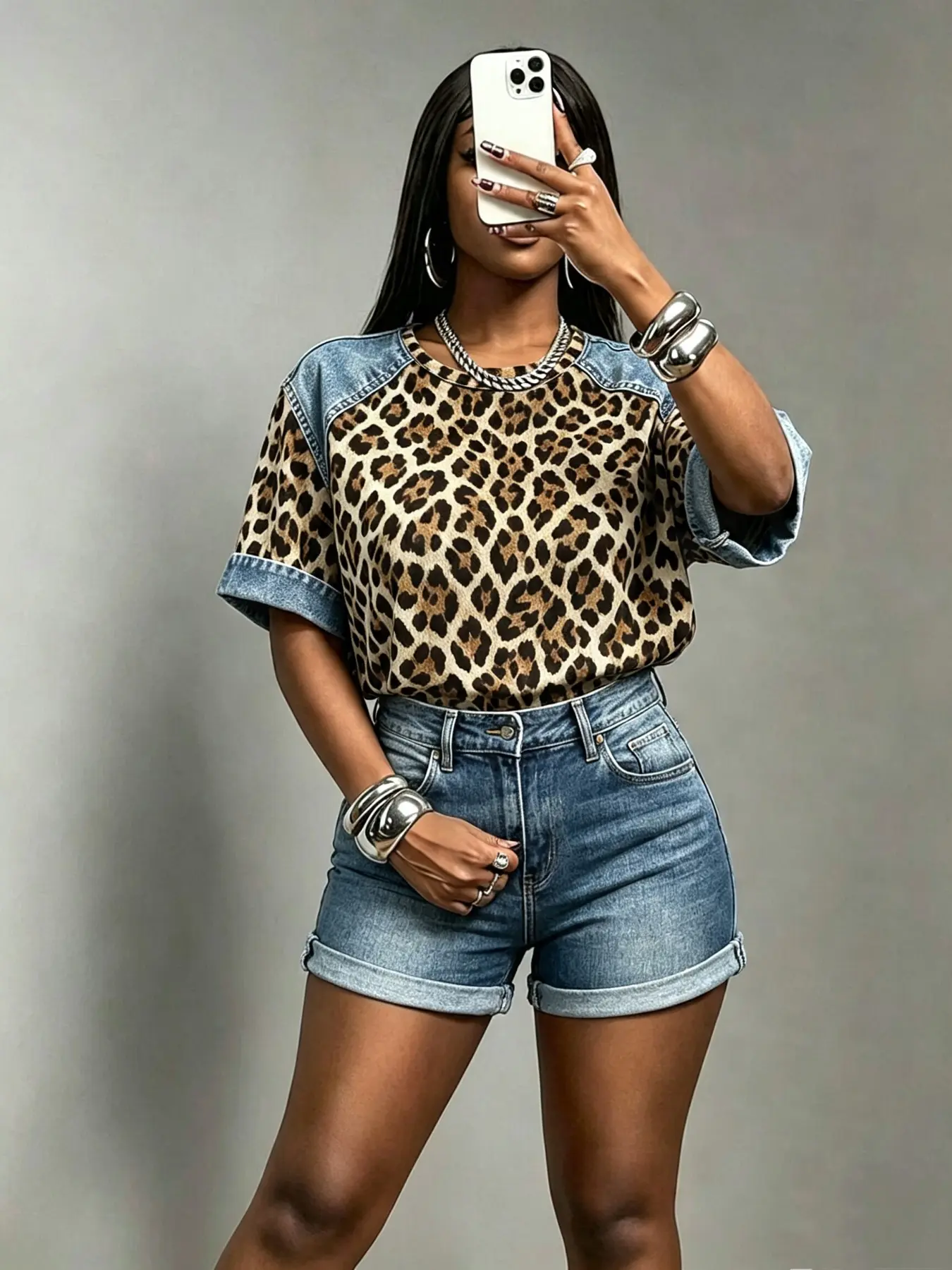 American Vintage Leopard Print Denim Patchwork Digital Print Short Sleeve T-Shirt Top, Loose Round Neck, Y2K Street Style, Summer Essential
