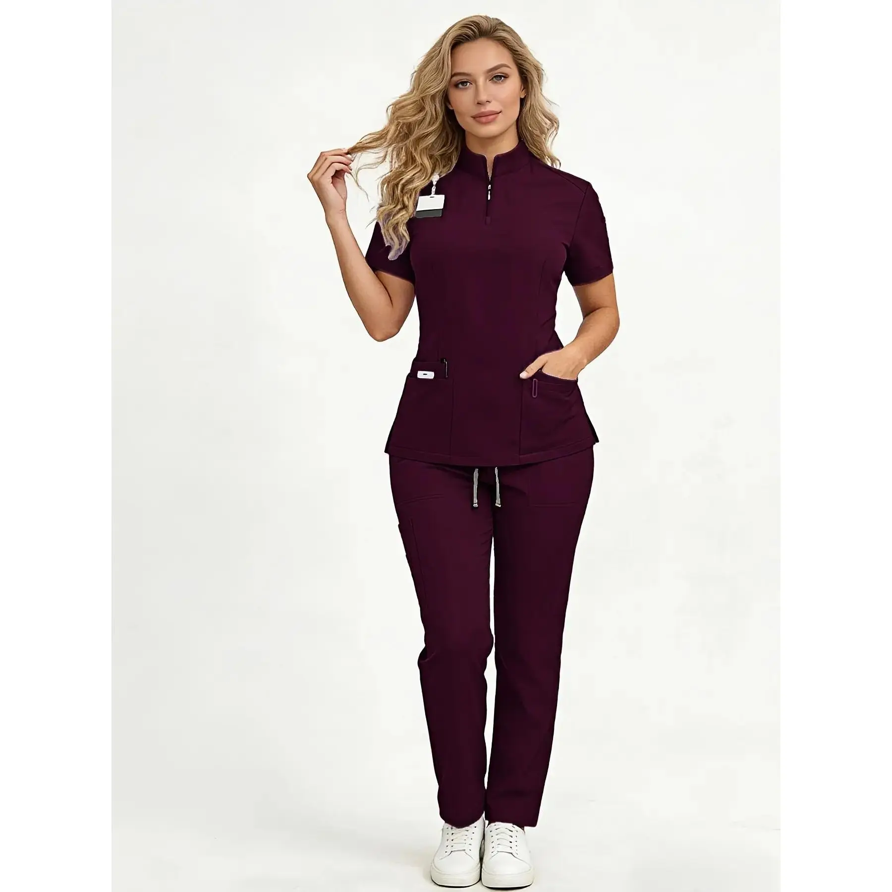 Women's Healthcare Scrub Set Workwear Uniforms with Multi-Pockets, Short-Sleeve Casual Loose-Fitting Design in Breathable Lightweight Quick-Dry Wrinkle-Resistant Fabric, for Home, Clinic and Hospital Use,jumpsuit,Elastic,Split,scrubs,Stretch,Full,Washable