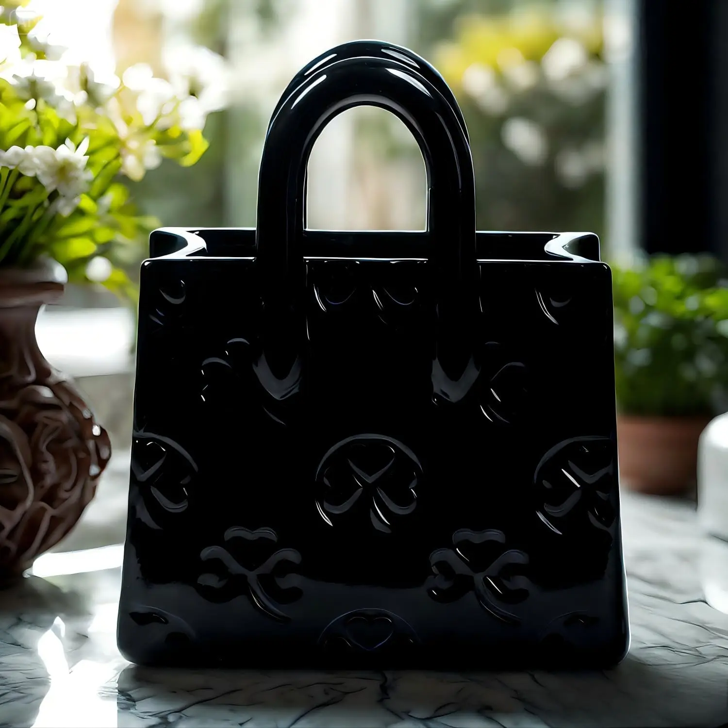 Handbag Shaped Ceramic Vase – Black Small Decorative Vase with Clover , 5.9"L x 2.95"W x 7.08"H, Multi-Use , Makeup Brushes & Pens, Elegant  for Women, Gothic & Modern  Decor
