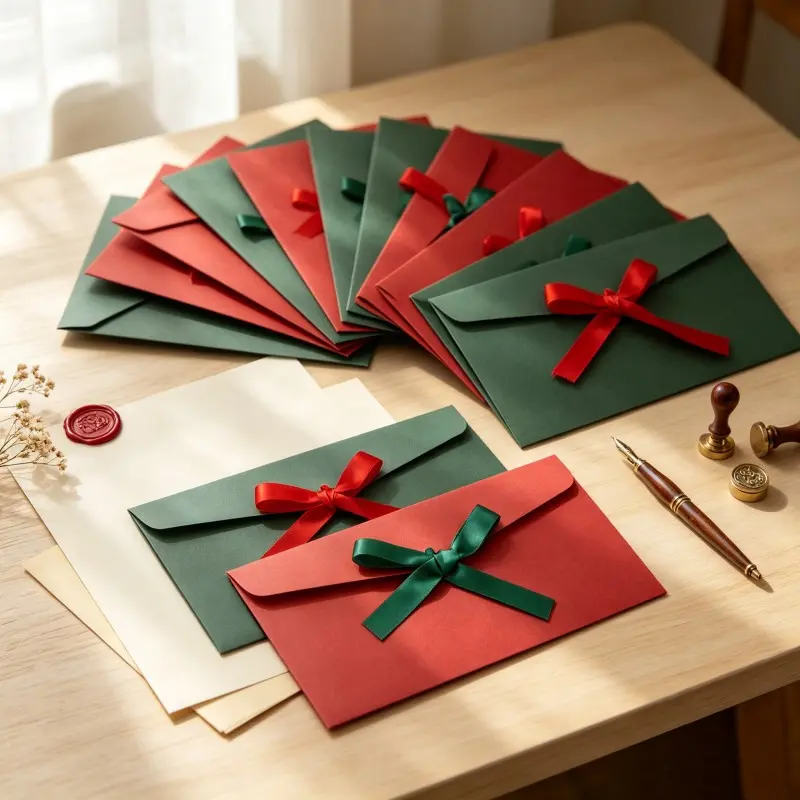 40pcs Elegant Red and Green Gift Envelopes with Ribbon Bows - 22.0x10.9 cm Kraft Paper Invitations, Perfect for Birthdays, Christmas, Mother's Day, Etc. - Ideal for Cash, Greeting Cards, and Gifts. Gift Wrapping Supplies, Holiday Gift Packaging, Festive D