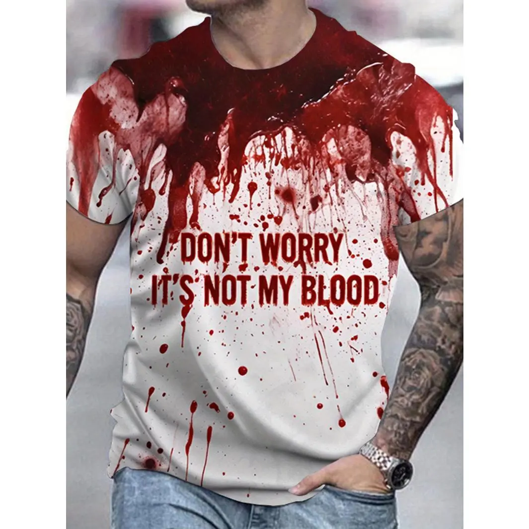 Halloween Casual Round Neck Short Sleeve Tee, Outdoor Featuring a 3D Print of Horror-Themed Blood for Men, Gift for Him